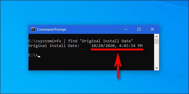 Введите команду systeminfo в командной строке Windows, чтобы узнать дату установки.