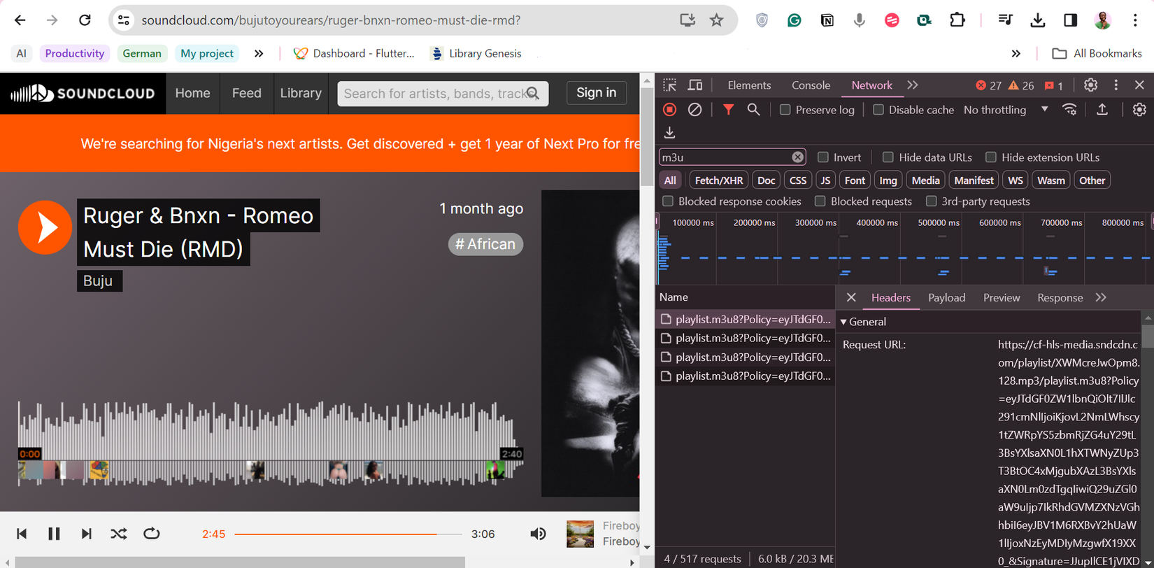 URL запроса трека SoundCloud в вкладке Network DevTools Google Chrome