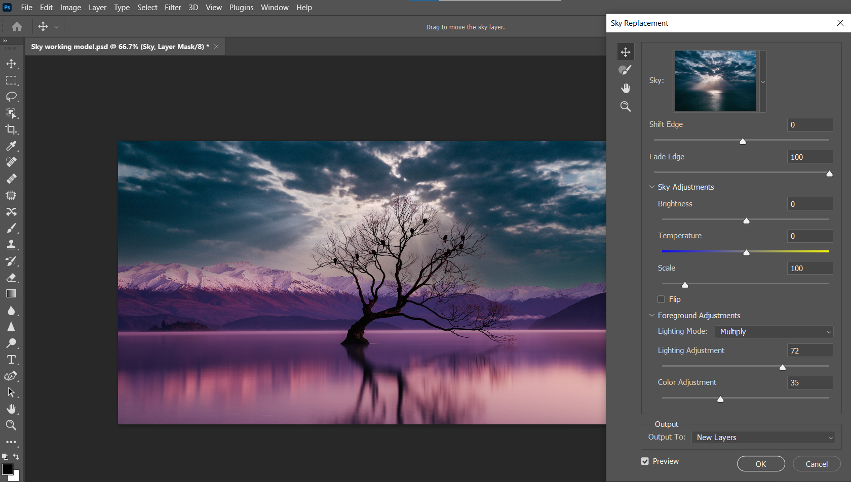 Настройка ползунков Sky Replacement