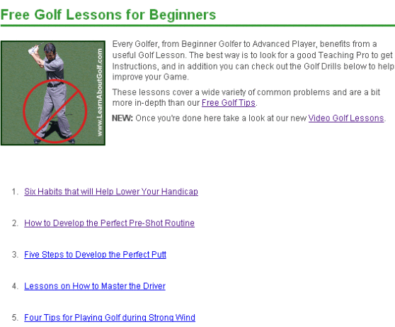 Навигация и список уроков на LearnAboutGolf.com с разделом Golf Lessons