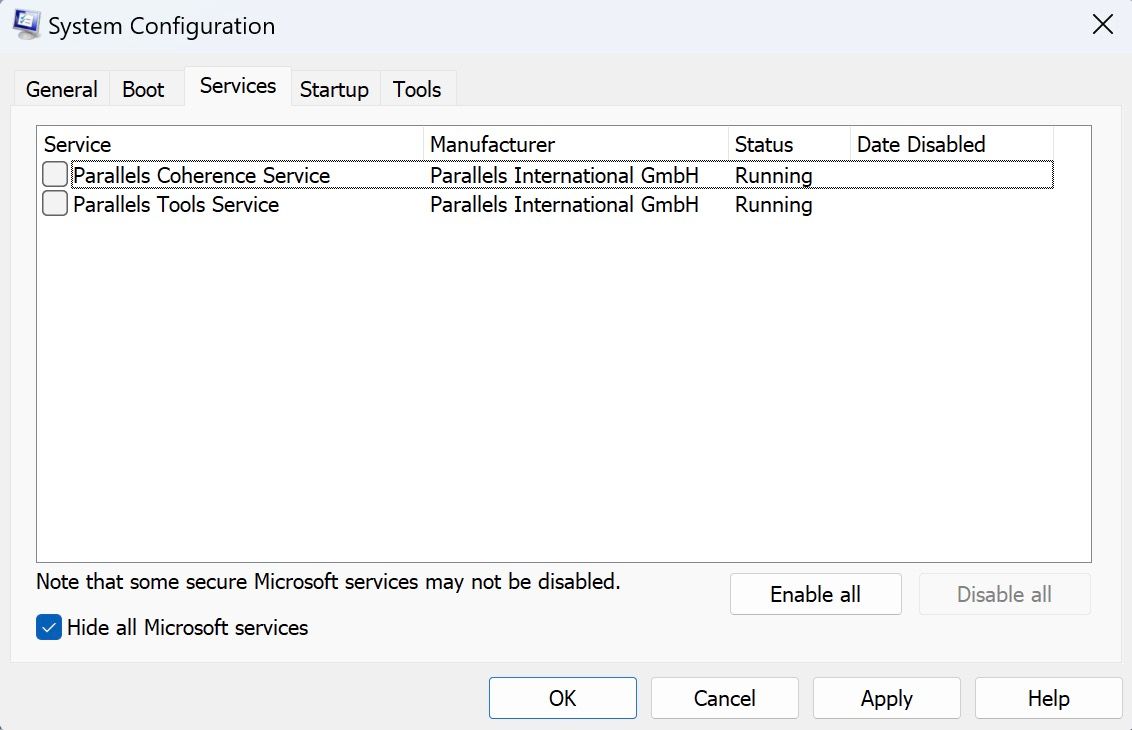 Окно System Configuration с опциями служб
