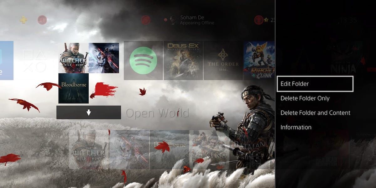 Selecting the Edit Folder option on a PS4