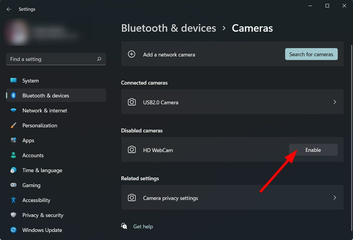 Включение отключённой камеры в настройках Windows 11