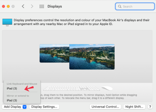 Параметры выбора: Linked Keyboard and Mouse (Universal Control) и Mirror or extend to (Sidecar)