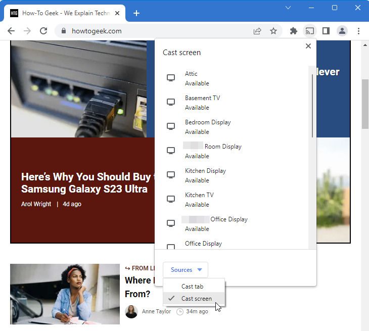 Подробное меню трансляции с выбором вкладки или всего экрана