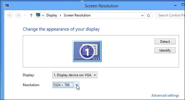 Окно настроек разрешения экрана с выбором 1024x768