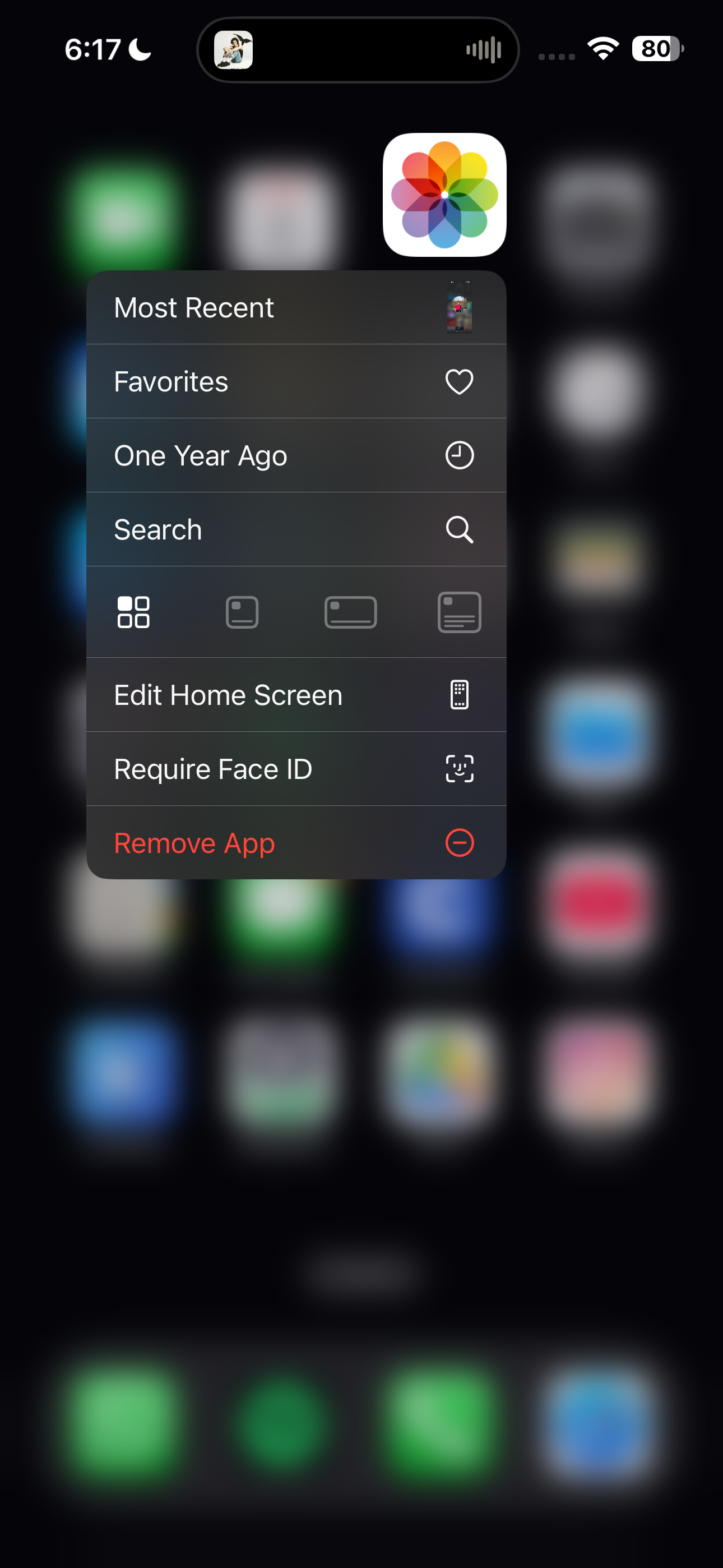 Pop-up menu with various options that appears when you long press the Photos app icon on an iPhone