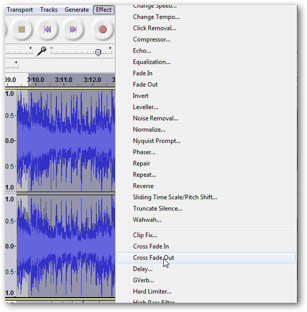 Кроссфейд-аут в Audacity: выделение и применение эффекта