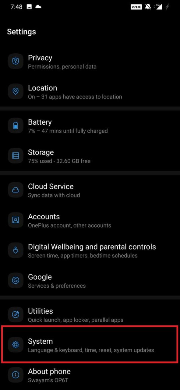 Открыть раздел Система в настройках