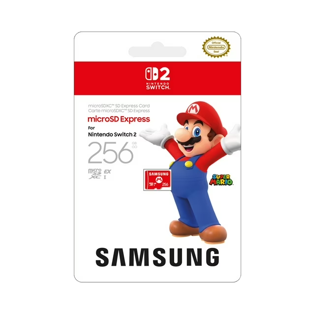 Samsung 256GB microSD Express с изображением Марио на упаковке.