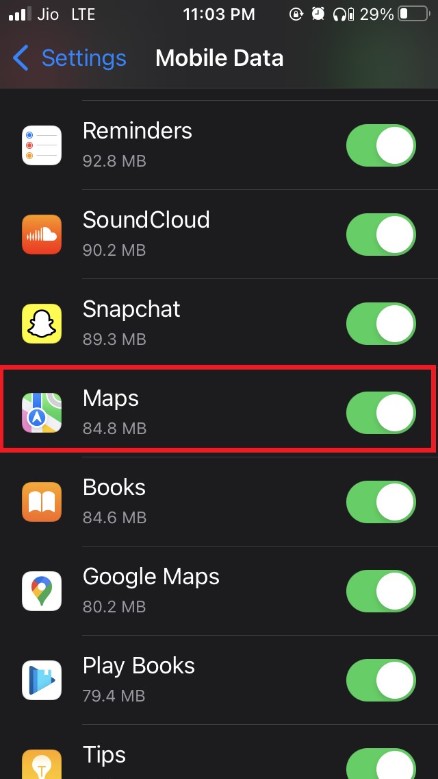 enable cellular data for Apple Maps