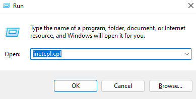 Команда inetcpl.cpl в диалоговом окне «Выполнить»