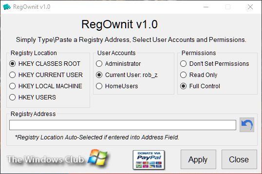 Интерфейс RegOwnit: указание пути к ключу и назначение прав