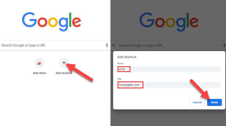 Кнопка «Добавить ярлык» и форма для имени и адреса