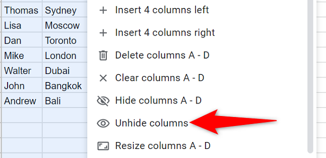 Выберите «Развернуть столбцы» в меню.