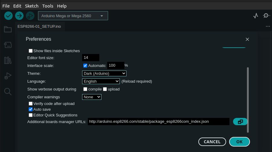 Preferences window screenshot on the Arduino IDE