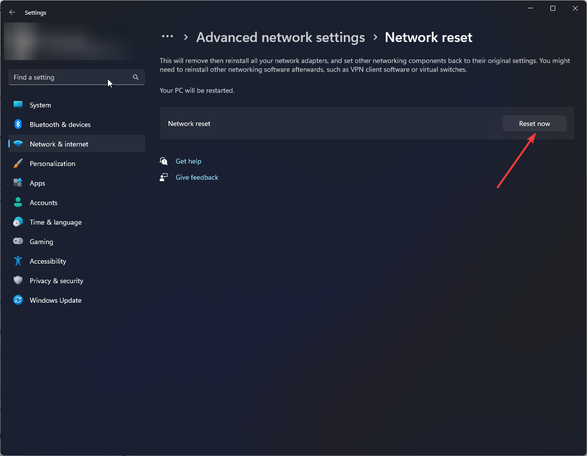 Кнопка «Сбросить сейчас» для сброса сетевых настроек