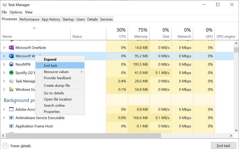 Завершение задачи в Диспетчере задач Windows
