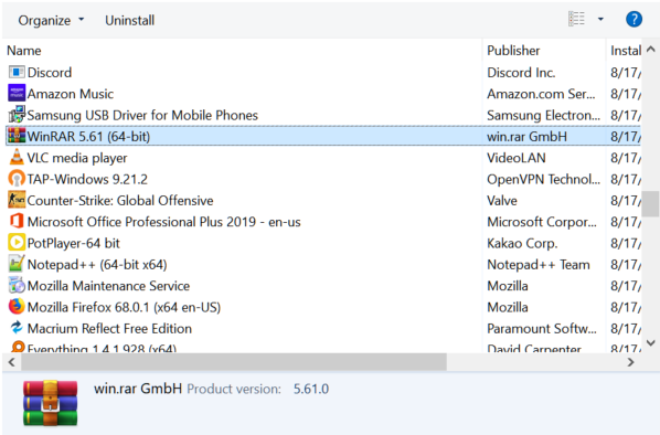 Процесс удаления WinRAR в Windows