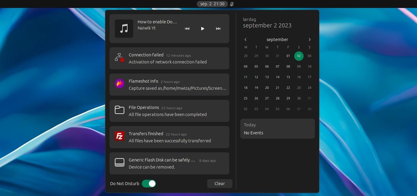 Центр уведомлений Ubuntu с открытым меню