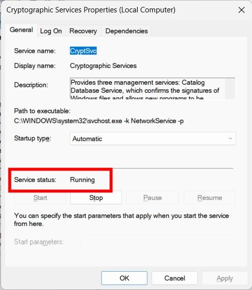 Служба Cryptographic Services в списке служб