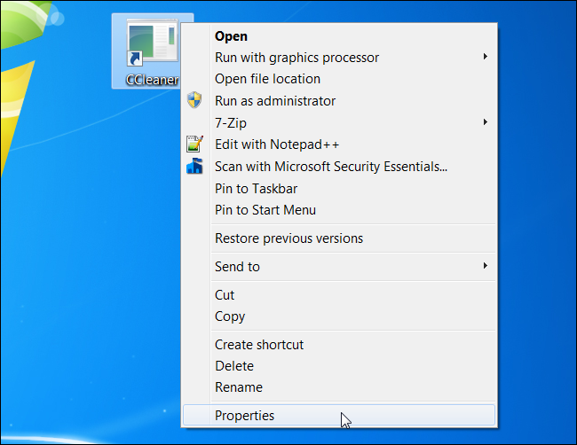 Открытие свойств ярлыка для смены значка