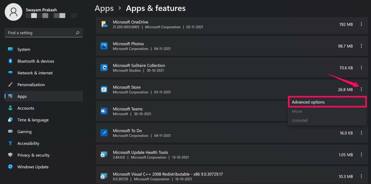 microsoft store advanced options