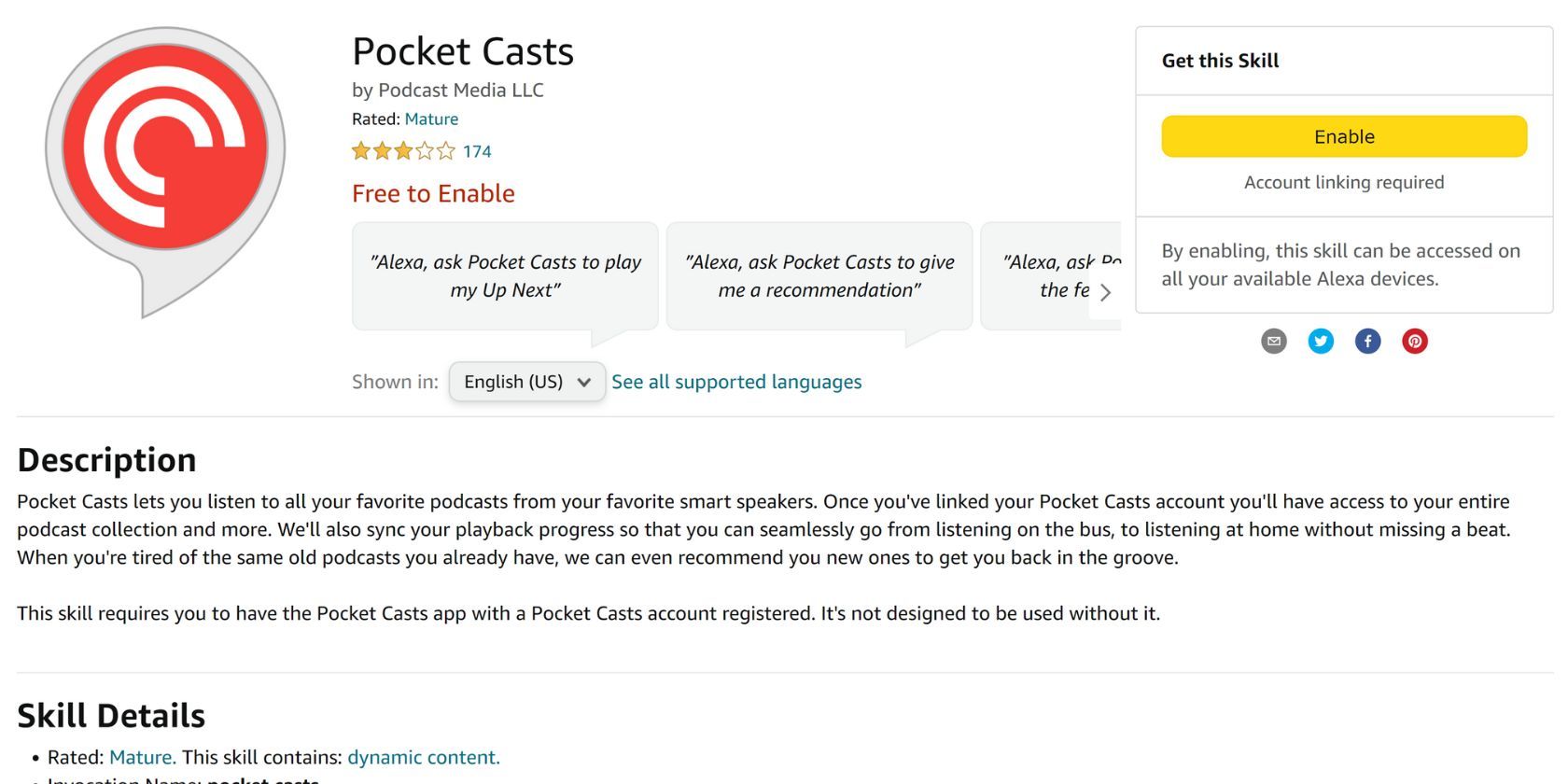 pocket casts alexa skill details page