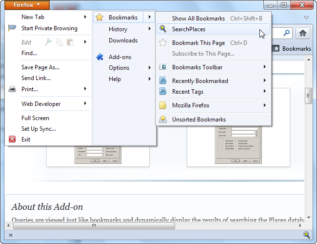 Пункт меню SearchPlaces в меню Закладки Firefox