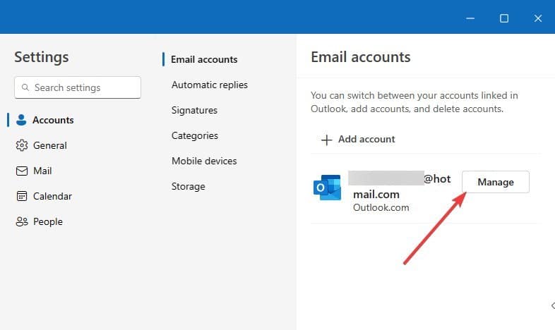 Sezione gestione account in Outlook con opzione rimuovi