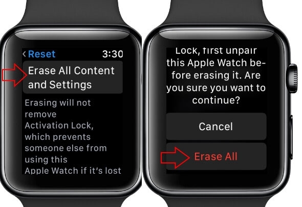 Экран сброса настроек Apple Watch в приложении Watch