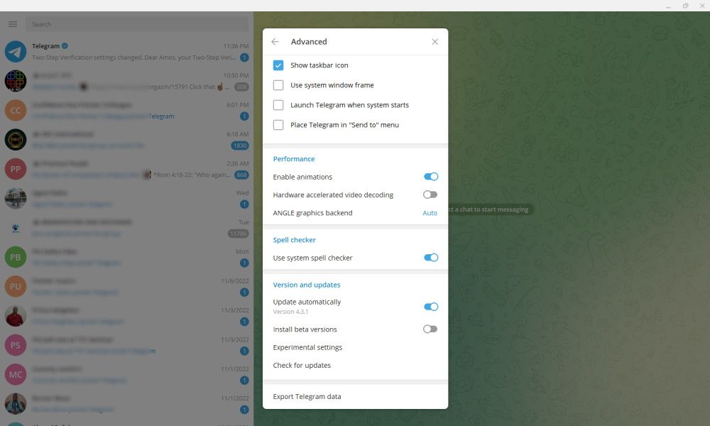 Telegram Advanced Settings Menu options