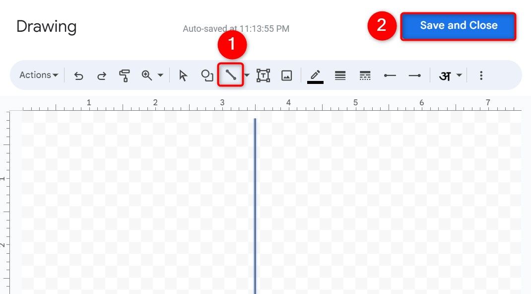 Выделены инструменты «Линия» и «Сохранить и закрыть» в окне рисунка Google Docs.