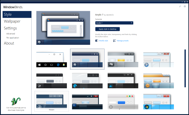 Интерфейс WindowBlinds с доступными стилями