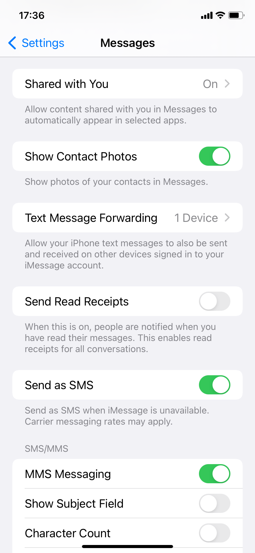 Настройки приложения «Сообщения»