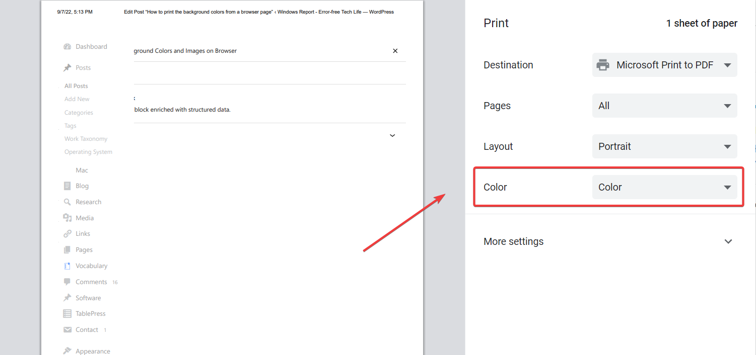 Переход к разделу Цвет в Chrome