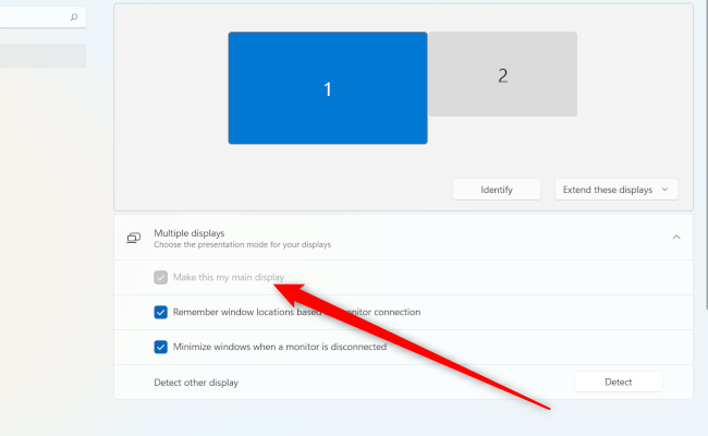 Назначение основного дисплея в настройках Windows 11.