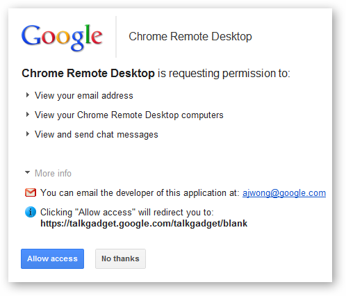 разрешения для расширения Chrome Remote Desktop