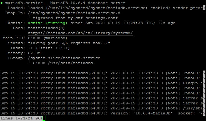Статус службы MariaDB в systemctl