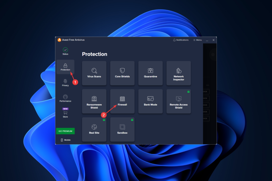 Разрешить программу в брандмауэре Avast