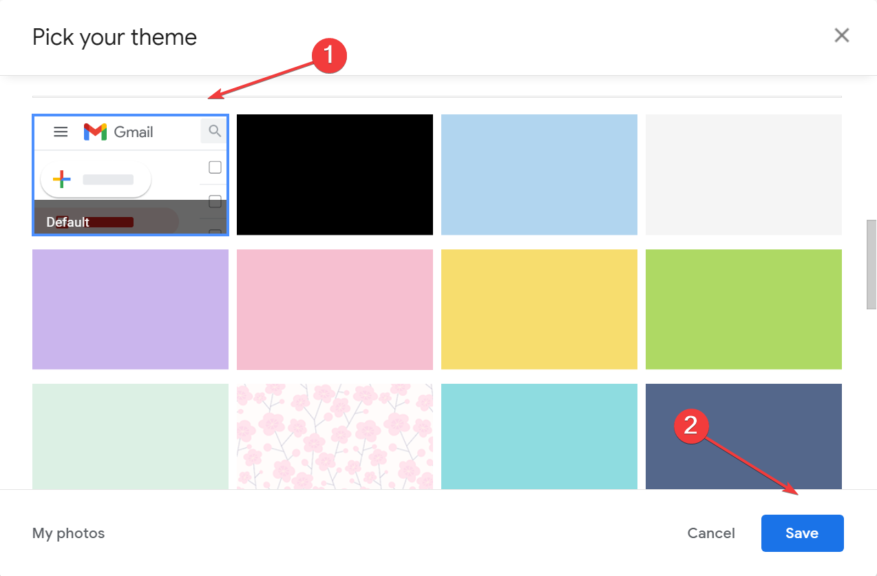 Выбор темы По умолчанию для исправления кнопок Gmail