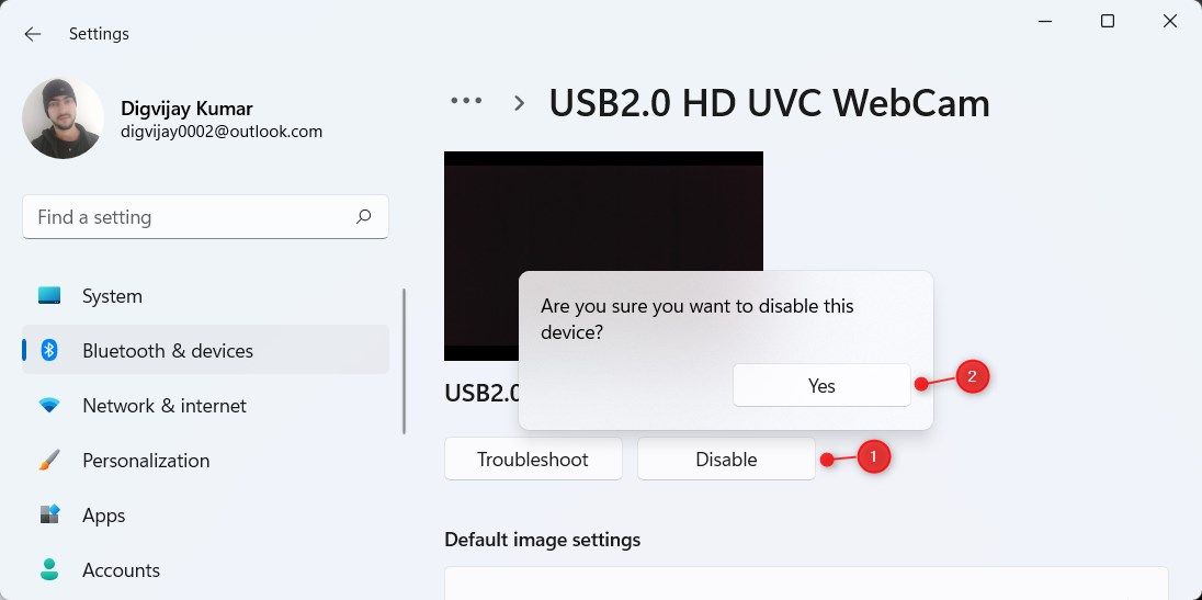 Кнопка отключения веб-камеры в Windows 11