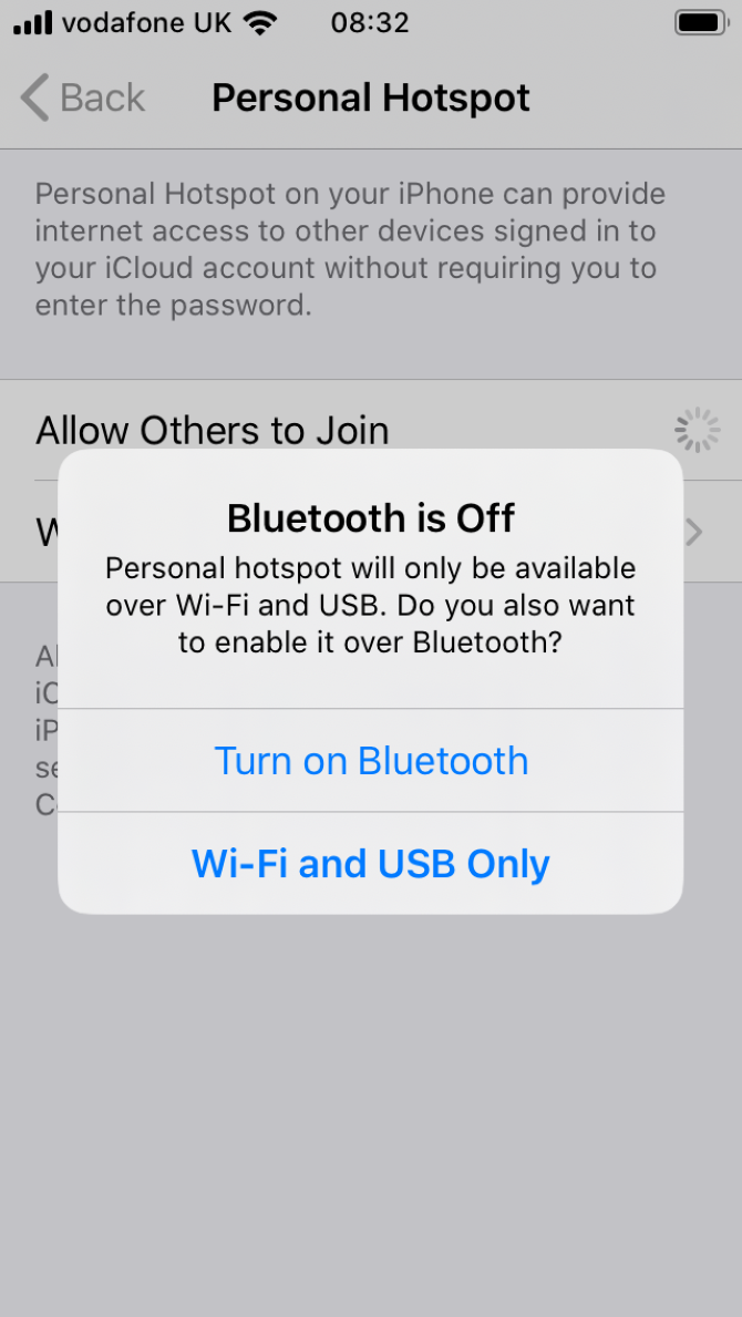 Переключатель Bluetooth для режима модема в iOS