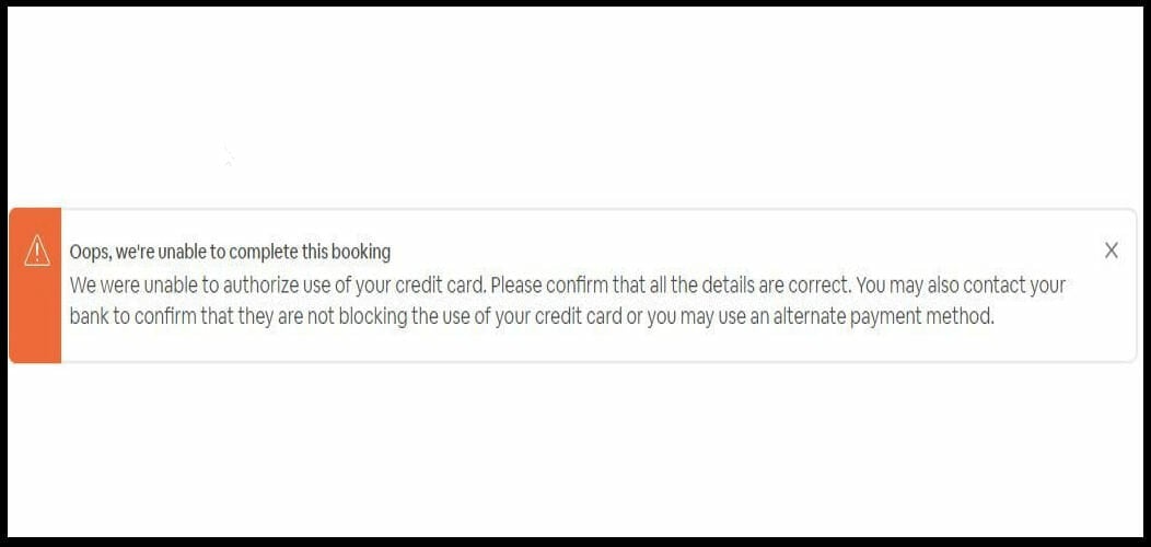 Скриншот сообщения об ошибке авторизации карты на Airbnb