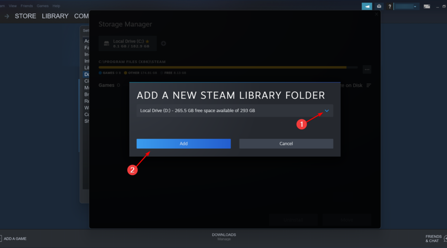 Выбор папки с установленными играми для добавления в библиотеку