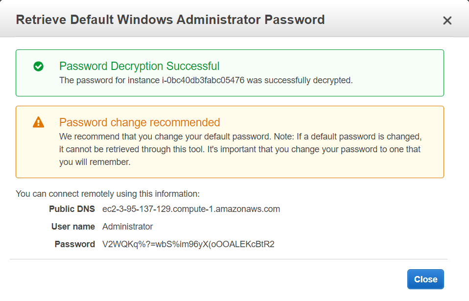 Окно консоли AWS для получения пароля Windows с указанием загрузки ключа