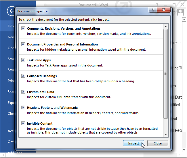 Инспектор документа показывает типы скрытых метаданных, доступные для проверки