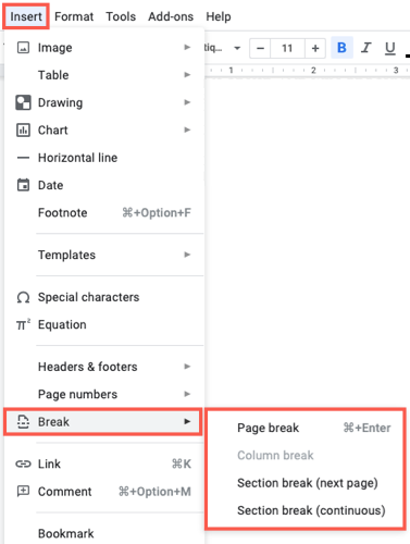 Вставить разрыв страницы или секции в Google Docs