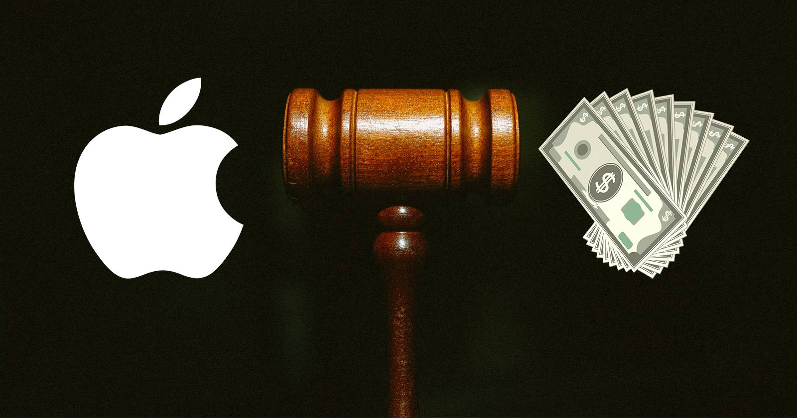 Логотип Apple рядом с деньгами и молотком судьи