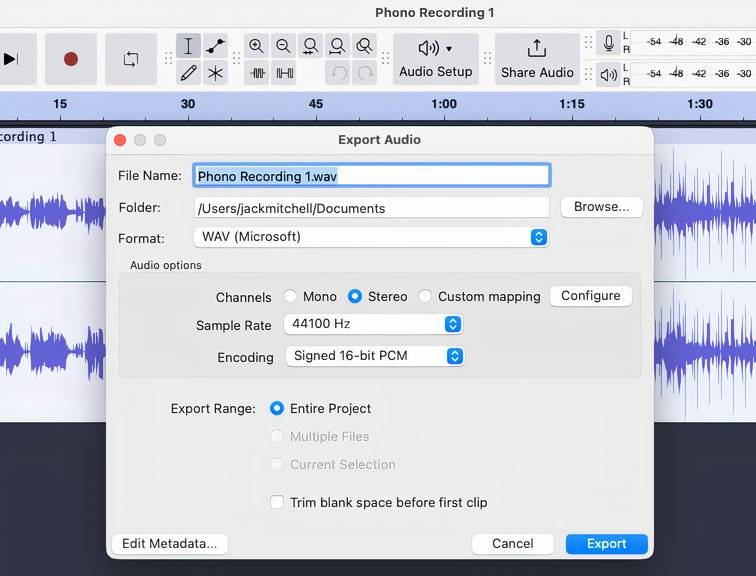 Audacity - экспорт аудио.